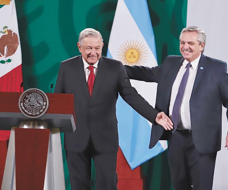 Los presidentes de México, André s Manuel López Obrador, y de Argentina, Alberto Fernández, ofrecieron una co nferencia en Palacio Nacional. Foto: BERENICE FREGOSO. EL UNIVERSAL