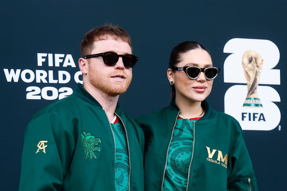 Saúl "Canelo Álvarez y Fernanda Gómez en el Estadio Ciudad de México, durante la inauguración del Mundial de 2026 - Foto: AFP
