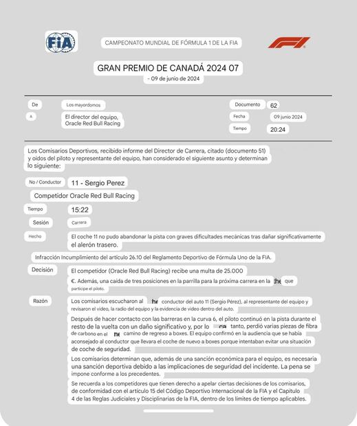 Checo Pérez, multado y sancionado con puestos para la siguiente carrera - Foto: FIA