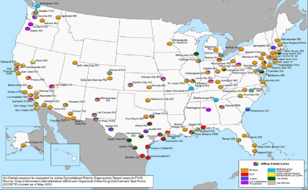 The map shows the areas of influence of major Mexican transnational criminal organizations with DEA field offices, while the pie charts show the percentage of cases attributed to specific cartels. (Taken from the DEA's website) 