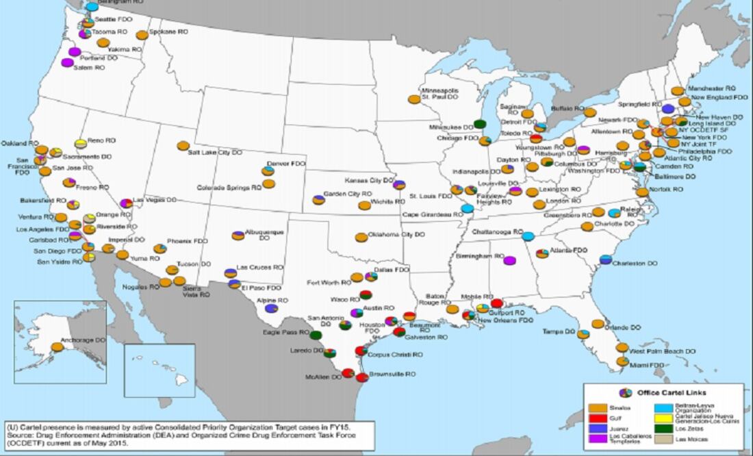 The map shows the areas of influence of major Mexican transnational criminal organizations with DEA field offices, while the pie charts show the percentage of cases attributed to specific cartels. (Taken from the DEA's website)