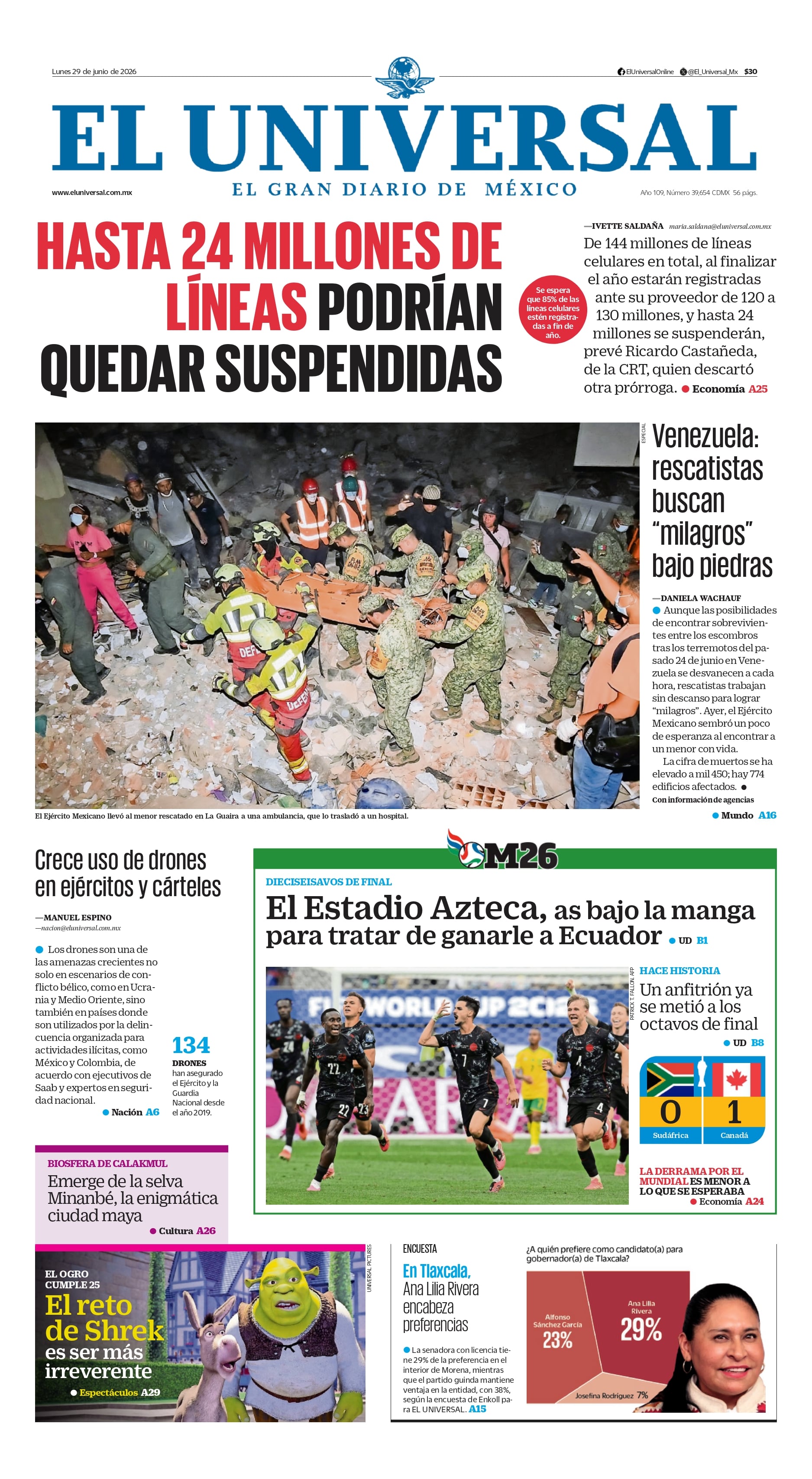 Portada impresa del 29 de junio del 2026