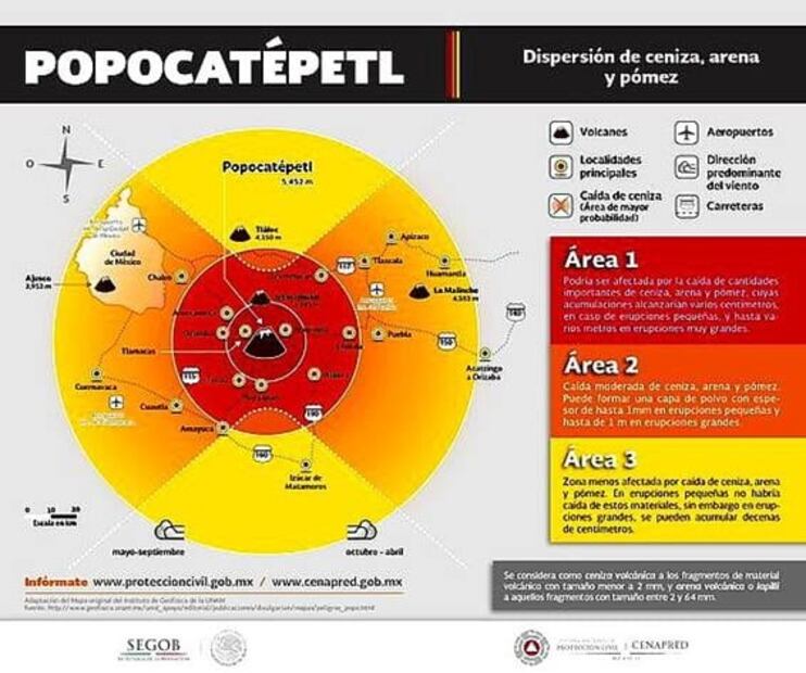 Este es el mapa de riesgo, lava y ceniza por el Popocatépetl