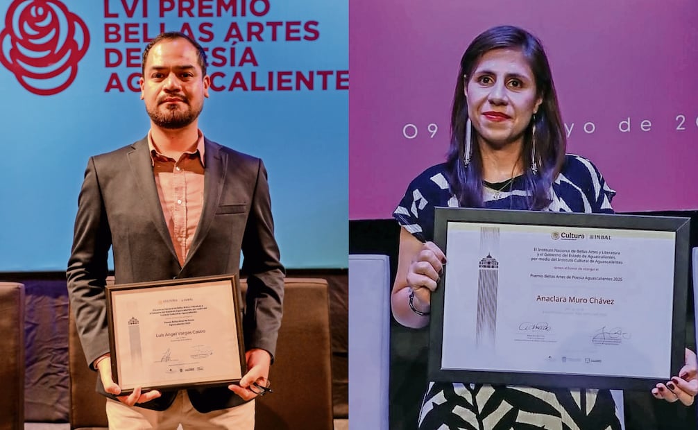 Luis Ángel Vargas Castro y Anaclara
Muro Chávez, ganadores del Premio Bellas Artes de Poesía Aguascalientes en 2024 y 2025, respectivamente. Fotos: Especial