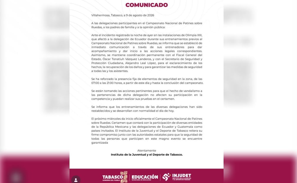 Roban equipo a patinadores de Ecuador en Villahermosa, Tabasco; delincuentes irrumpen en Olimpia XXI.
Foto: Especial.