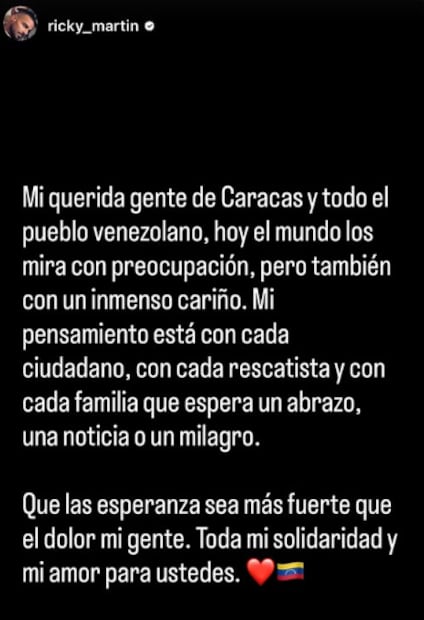 Ricky Martin dedica mensaje a Venezuela tras los terremotos.