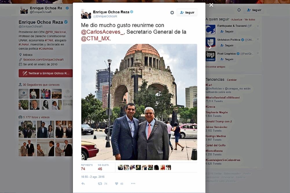 Enrique Ochoa posteó en su cuenta de Twitter la reunión que tuvo con Carlos Aceves, secretario general de la CTM (TWITTER DE ENRIQUE OCHOA REZA)