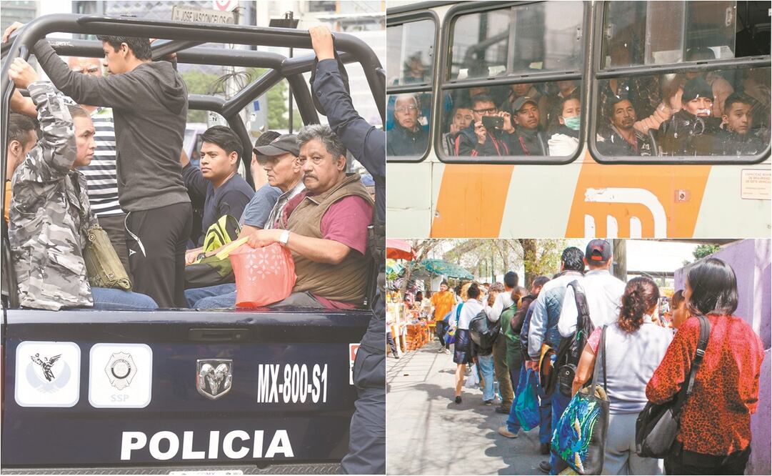 Como los camiones de la RTP resultaron insuficientes, la Secretaría de Seguridad Ciudadana (SSC) habilitó patrullas para trasladar a poco más de 25 mil usuarios del Metro. Fotos: ARMANDO MARTÍNEZ, GALO CAÑAS y KARINA CONTRERAS / EL UNIVERSAL