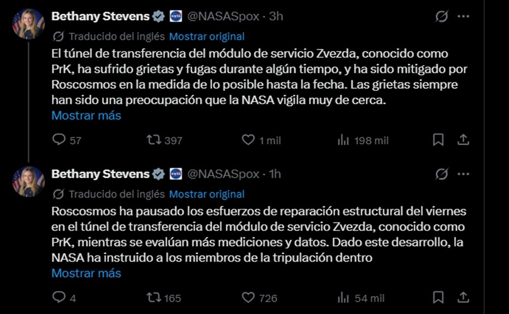 "Esperamos seguir trabajando con Roscosmos en un enfoque colaborativo para abordar las fugas", subrayó Bethany Stevens, portavoz de la NASA. Foto: X / Vía @NASASpox