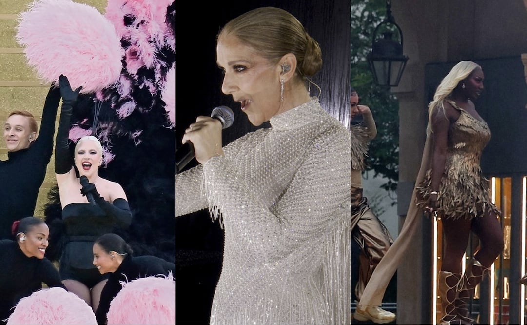 Céline Dion, Lady Gaga y Aya Nakamura en la inauguración de los Juegos Olímpicos. Fotos: Olympic Broadcasting Services via AP/ Esa Alexander / POOL / AFP/Aris MESSINIS / AFP.