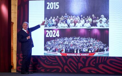 AMLO presume fotos de diputados del 2015 y del 2024 con mayoría calificada; llama a cuidar a Morena