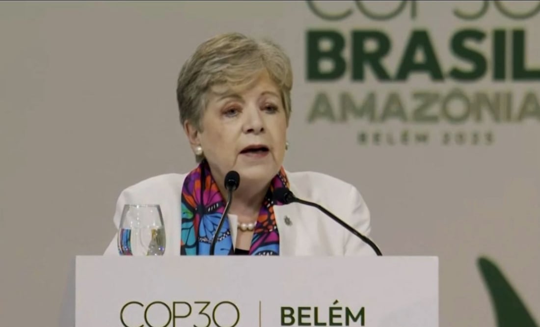 Secretaria de Medio Ambiente y Recursos Naturales, Alicia Bárcena durante su participación en la COP 30 (07/11/2025). Foto: Captura de video