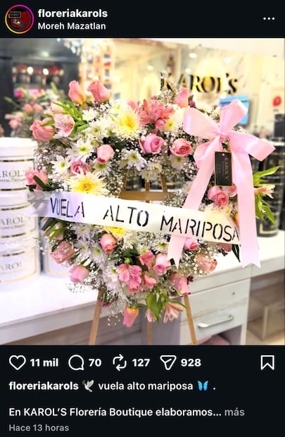 Reconocida florería de Mazatlán publica foto de una corona de flores con el apodo de la mamá de Kimberly Loaiza. Foto: Captura de pantalla