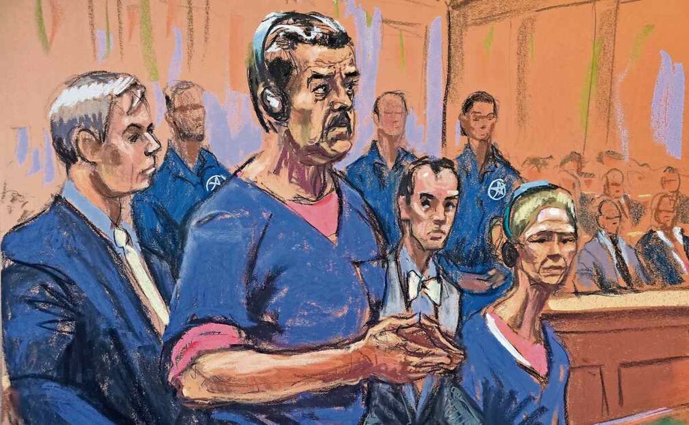 Un dibujo realizado de la audiencia de este lunes en la que comparecieron Nicolás Maduro y su esposa Cilia, en un tribunal en Nueva York. Foto: Jane Rosenberg / EFE