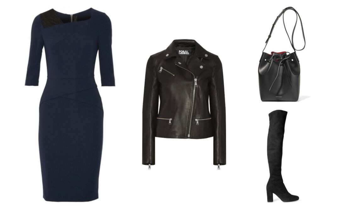 Casual:

Vestido ROLAND MOURET $46,005.47
Bolso MANSUR GAVRIEL $9,224.91
Chaqueta KARL LAGERFELD $15,746.32
Botas SAINT LAURENT $27,857.00