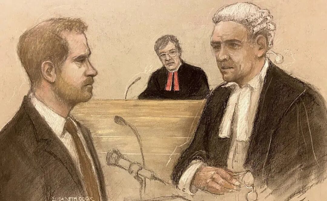El abogado Andrew Green interroga al príncipe Enrique en el tribunal en Londres durante un juicio por escuchas telefónicas a los diarios del Mirror Group. Foto: AP