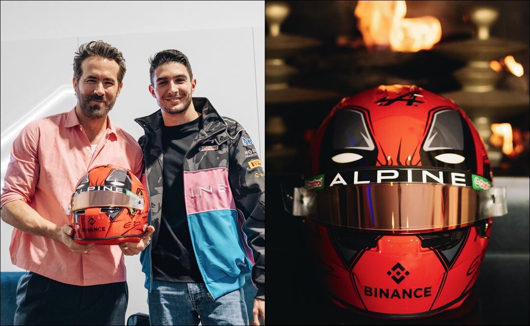 Ryan Reynolds y Esteban Ocon con el casco del francés para el GP de Las Vegas - Fotos: Alpine