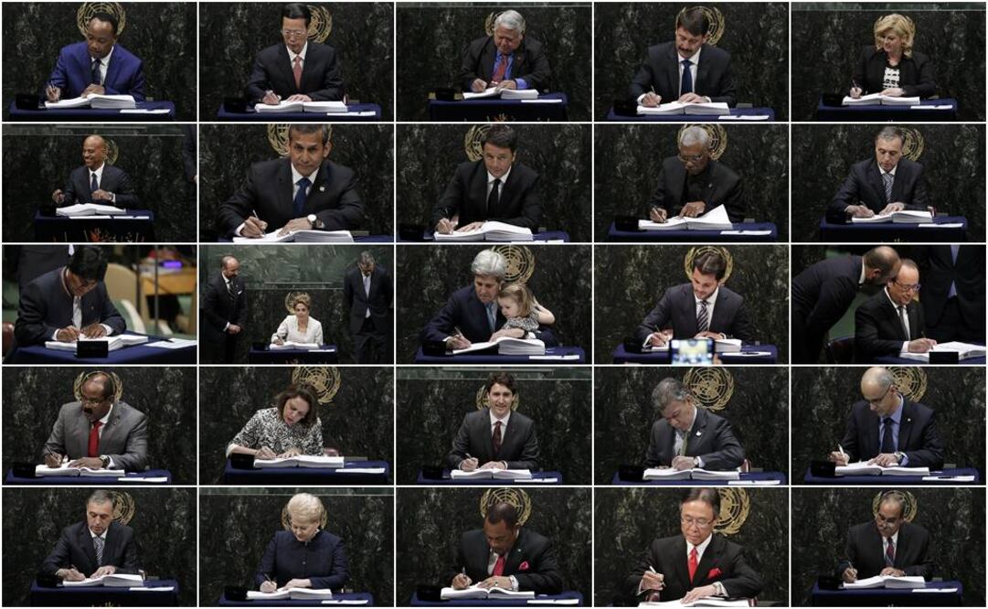 El secretario de Medio Ambiente y Recursos Naturales (Semarnat), Rafael Pacchiano Alamán (segundo de der. a izq. fila media) firmó como representante de México (Fotos: Agencias)