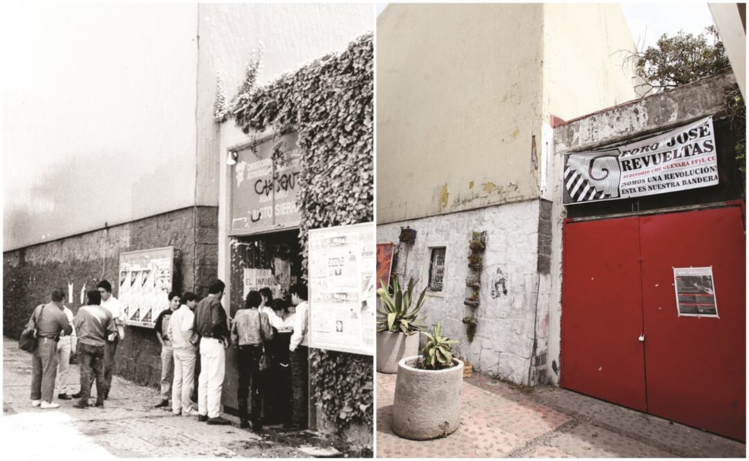 A la izquierda, la fachada del Justo Sierra en 1994 (ARCHIVO EL UNIVERSAL) y a la derecha, se muestra el estado que guarda en la actualidad el auditorio (VALENTE ROSAS. EL UNIVERSAL)