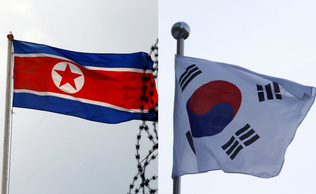 The North Korea flag flutters next to concertina wire - Photo: Edgar Su/REUTERS (left) and a South Korean flag flutters in the wind - Photo: Kim Hong-Ji/REUTERS (right)