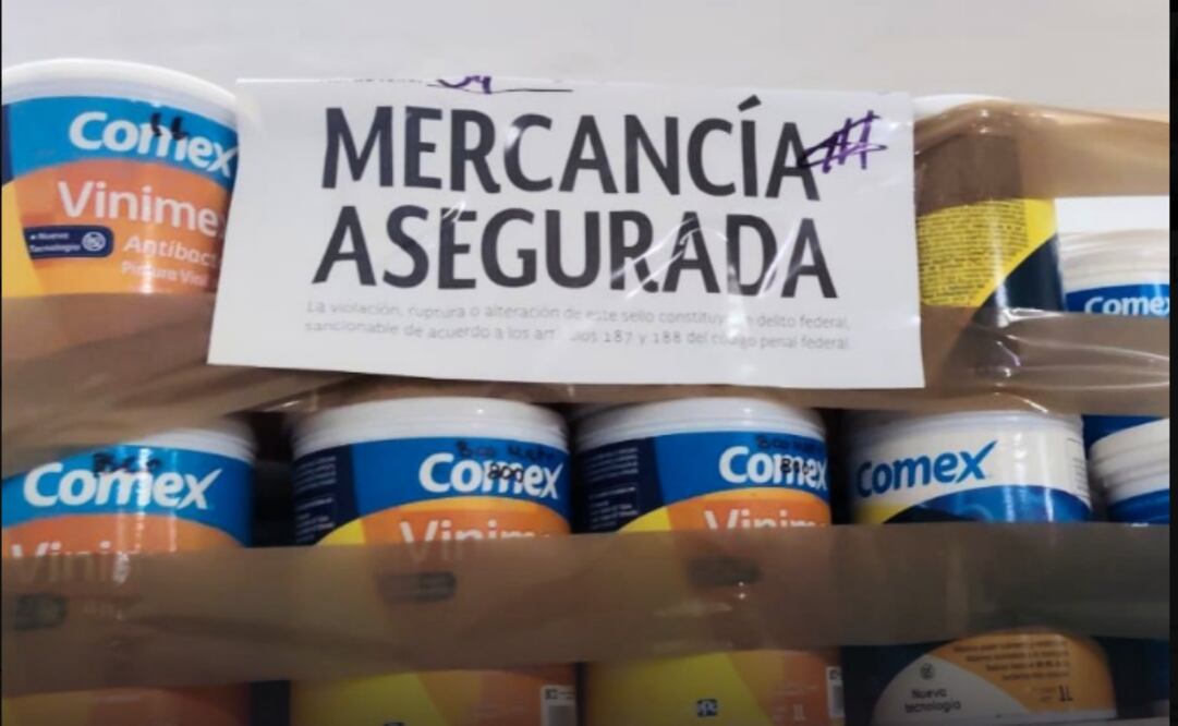 Mercancía con las marcas “Comex” y “Comex Diseño” asegurada por el IMPI durante un operativo en Mérida, Yucatán (17/07/2026). Foto: @IMPI_Mexico