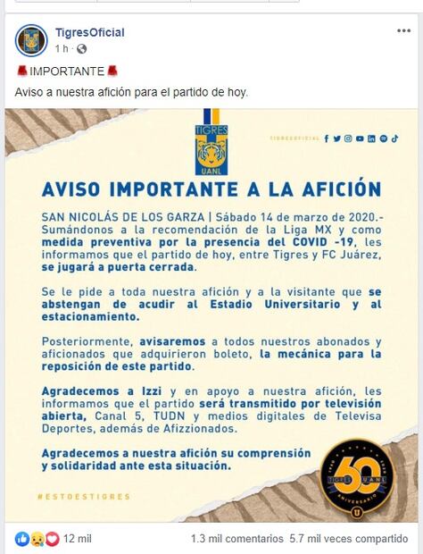 Debido a coronavirus, partido de Tigres irá por televisión abierta