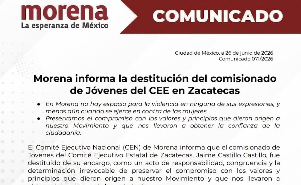 El Comité Ejecutivo Nacional de Morena informó que el comisionado de Jóvenes del Comité Ejecutivo Estatal de Zacatecas, Jaime Castillo Castillo, fue destituido. | Foto: Especial.