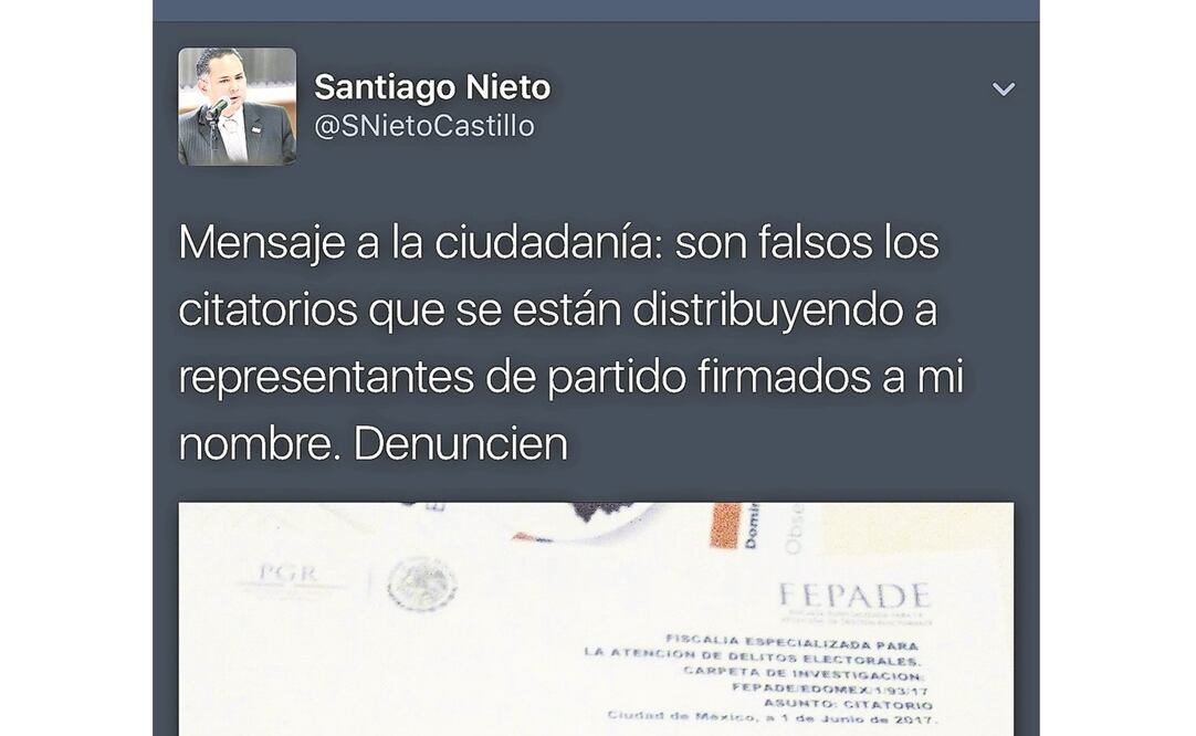 Santiago Nieto desmintió supuestos citatorios de la FEPADE distribuidos en el Edomex. (TOMADA DE TWITTER)