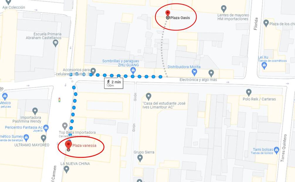 ¿Cuánto tiempo haces caminando de la Plaza Oasis a Plaza Vanessa? Foto: Google maps