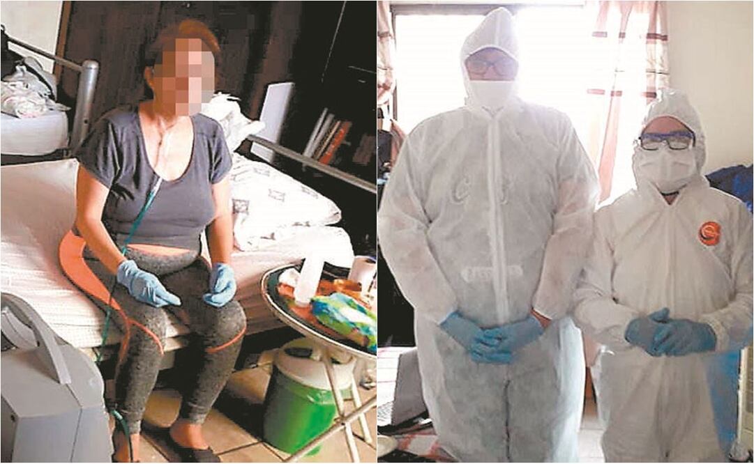 Araceli (izq), la viuda de Christian, quien murió por presunto coronavirus, tiene los síntomas de Covid-19 y teme fallecer y dejar solos a sus dos hijos. Sus familiares (der.) se protegen con trajes especiales para no infectarse. Foto: