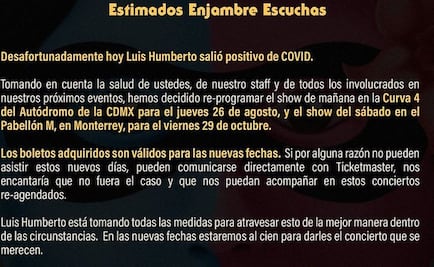 Enjambre pospone conciertos; vocalista se contagió de Covid