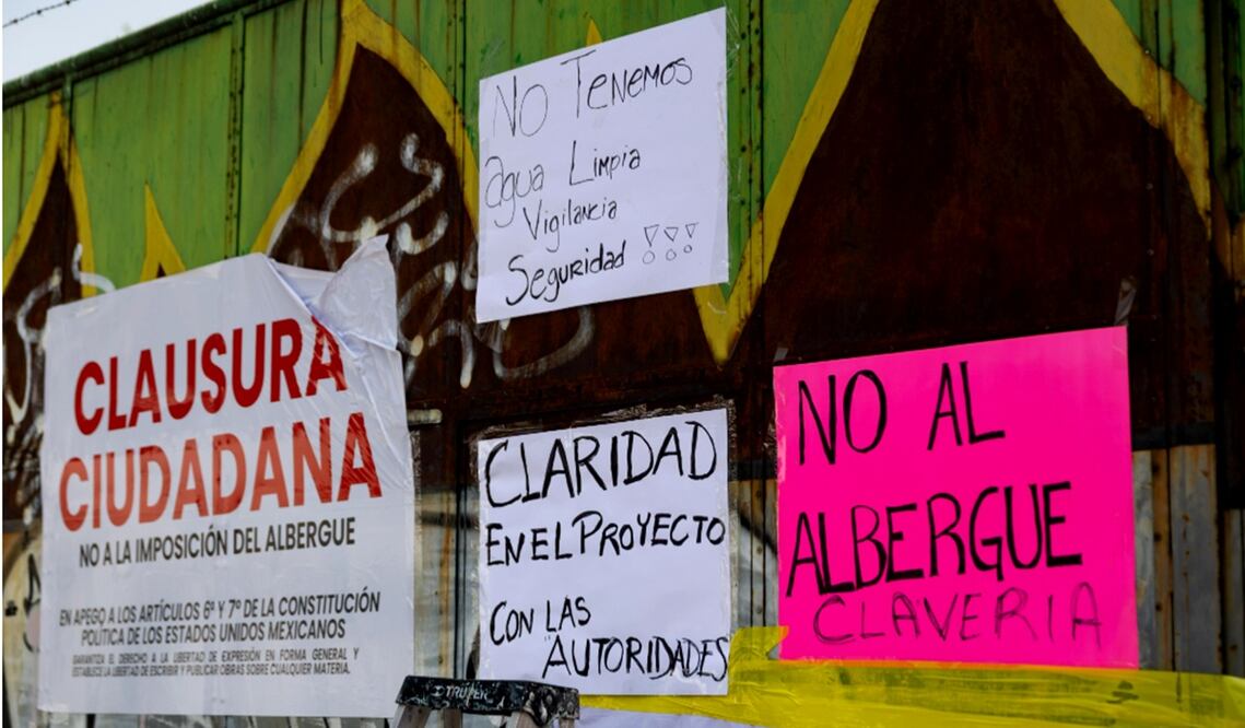 Vecinos de Azcapotzalco instalan un plantón contra la construcción de un albergue para migrantes ubicado en Eje 2 Norte y Plan de San Luis en la colonia Nueva Santa María, el 21 de marzo de 2025. Foto: Hugo Salvador/EL UNIVERSAL