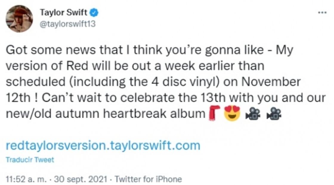 Taylor Swift adelanta una semana el lanzamiento de "Red (Taylor's version)"