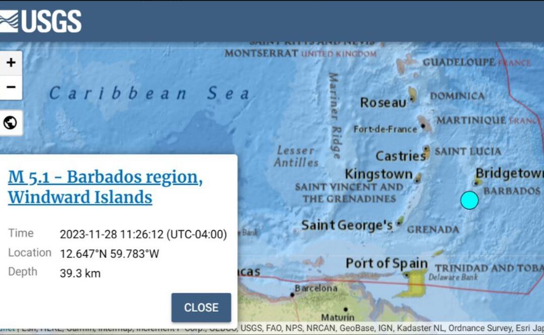 El temblor ocurrió específicamente a las 11:26 hora local (15:26 GMT) 50 kilómetros al sur-suroeste de Bridgetown, capital de Barbados. Foto: Servicio Geológico de Estados Unidos​​