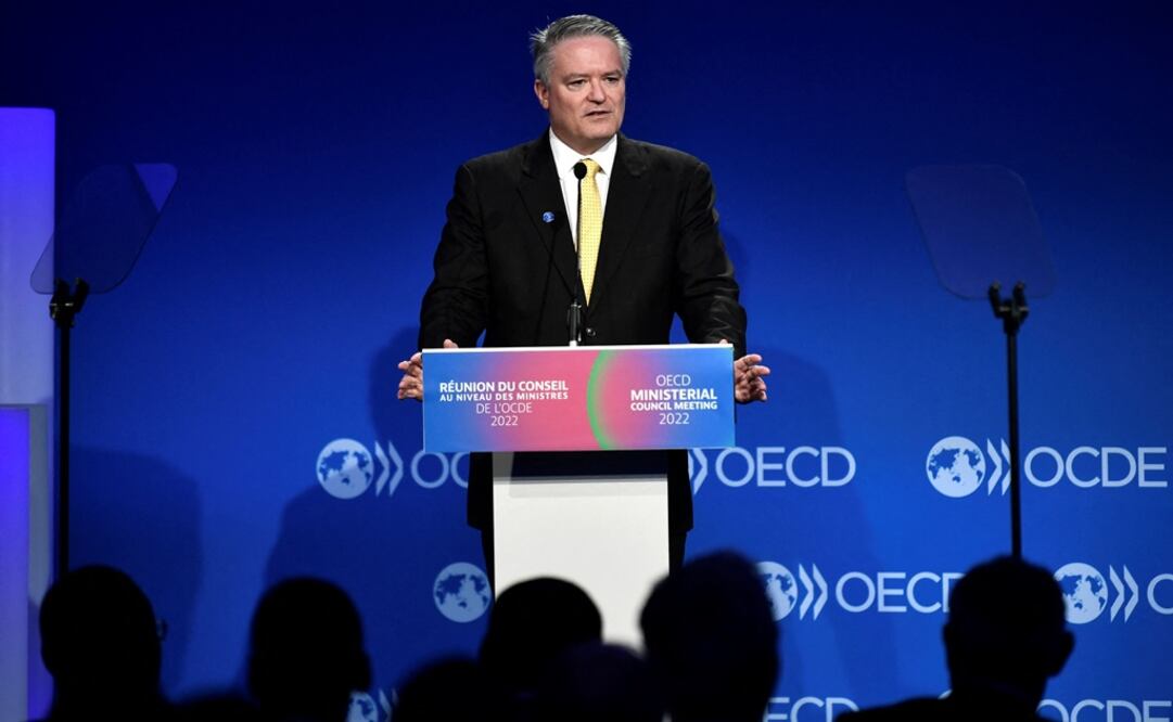 Secretario General de la OCDE, Mathias Cormann, habla durante una reunión ministerial en la Organización para la Cooperación y el Desarrollo Económicos (OCDE). Foto: AFP