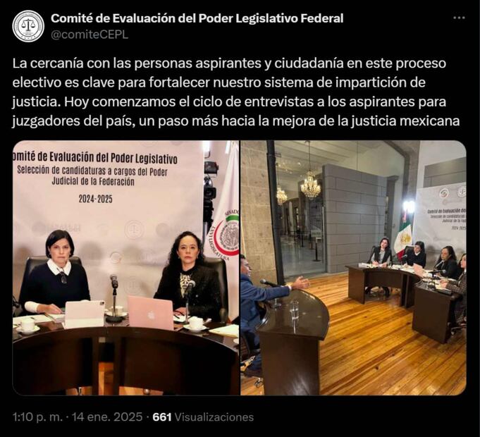 Hoy comenzó el ciclo de entrevistas a los aspirantes para juzgadores del país. Foto: X @comiteCEPL