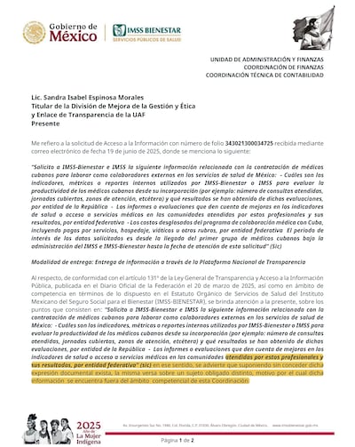 A su vez, el IMSS-Bienestar negó contar con la información requerida por este diario sobre los resultados o evaluaciones de la labor desempeñada por médicos de origen cubano; dijo no ser la autoridad competente.
