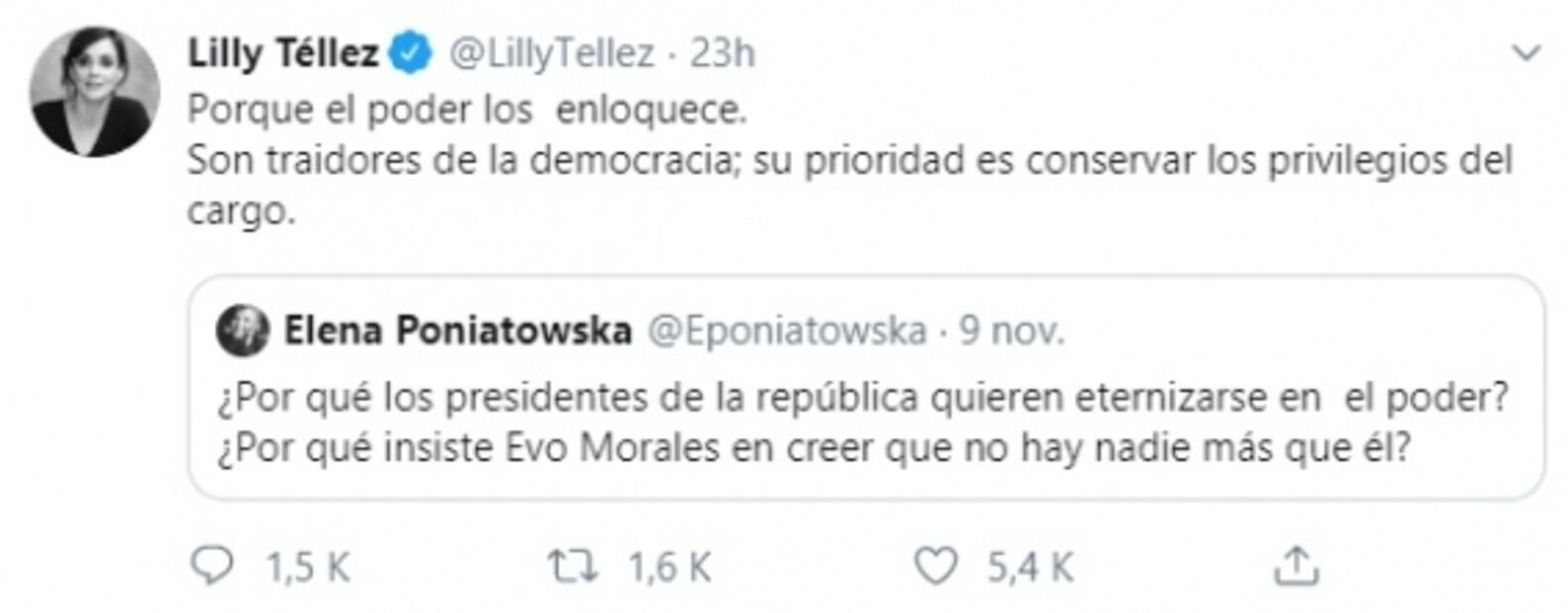 "Tunden" a Lilly Téllez por criticar a Evo Morales