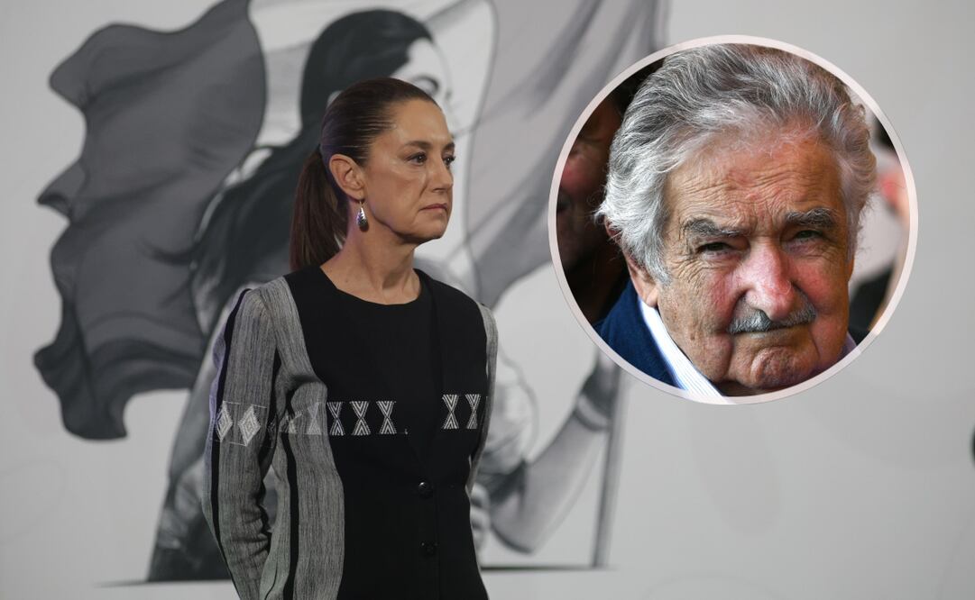 La presidenta Claudia Sheinbaum y el expresidente de Uruguay, José Mujica. Foto: Carlos Mejía / EL UNIVERSAL y AFP