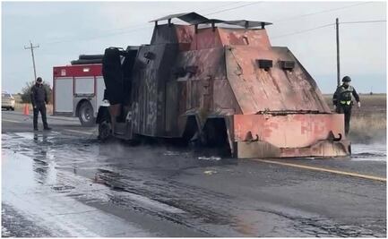 Abandonan vehículo "monstruo" incendiado sobre carretera Reynosa-San Fernando; se registran enfrentamientos y balaceras