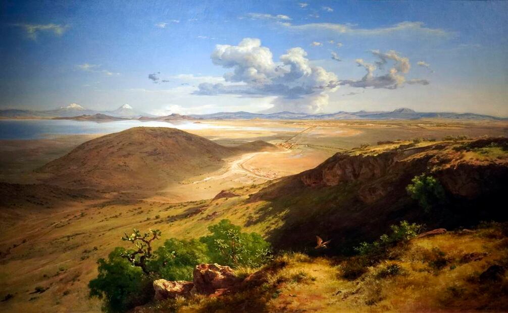 En 1877 Velasco pintó su segundo cuadro del paisaje desde el hoy cerro de Zacatenco, y que recibió excelentes críticas en Europa cuando se exhibió en la Exposición Universal de París 1878. El toque romanticista del pintor se ve en detalles como el nopal (izq.) y el águila (der.), emblemas nacionalistas. Imagen: Emiliano Bautista Neumann.