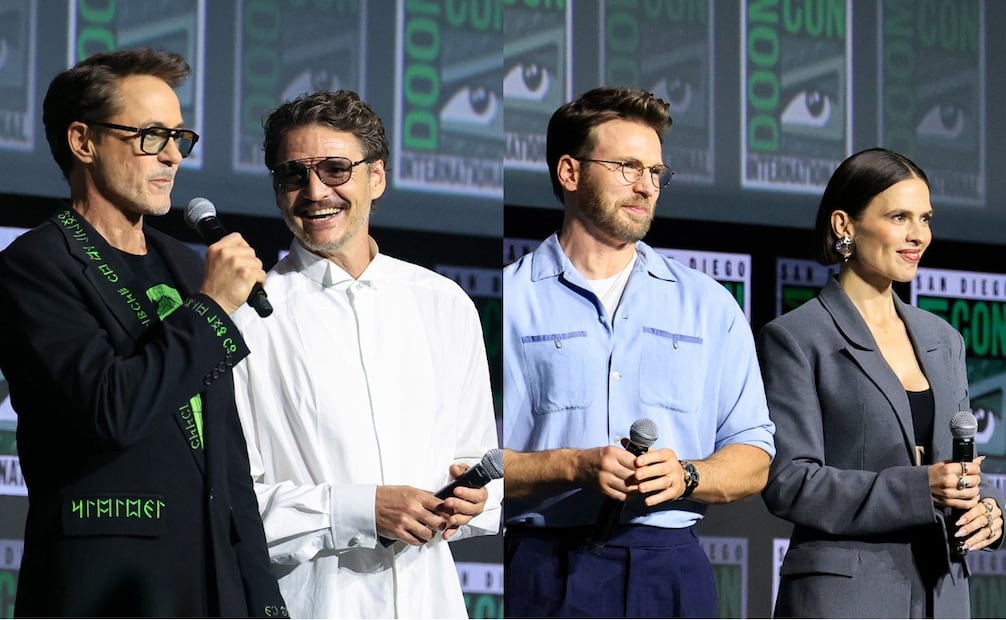 Robert Downey Jr., Pedro Pascal y Chris Evans durante la presentación de Marvel Studios Hall H en la Comic-Con. Foto: AFP.