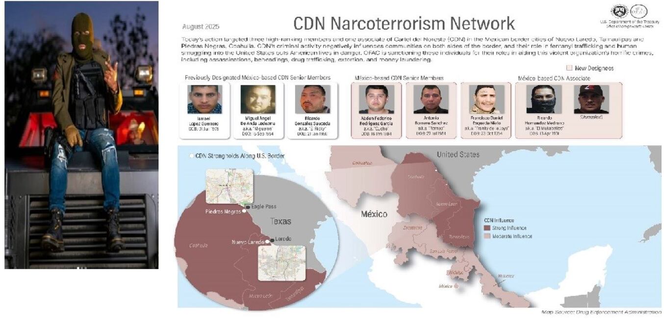 Foto de "El Makabelico" y mapa de la zona de operación del Cartel del Noreste, difundidos por el Departamento del Tesoro de EU. FOTO: DEPARTAMENTO DEL TESORO