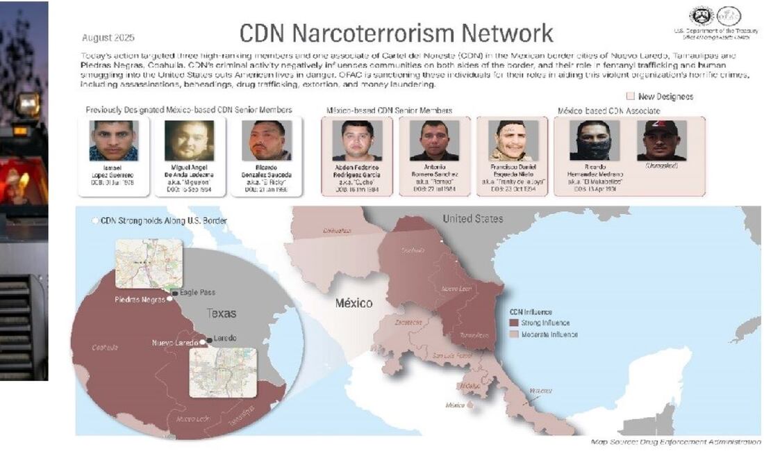 Foto de "El Makabelico" y mapa de la zona de operación del Cartel del Noreste, difundidos por el Departamento del Tesoro de EU. FOTO: DEPARTAMENTO DEL TESORO