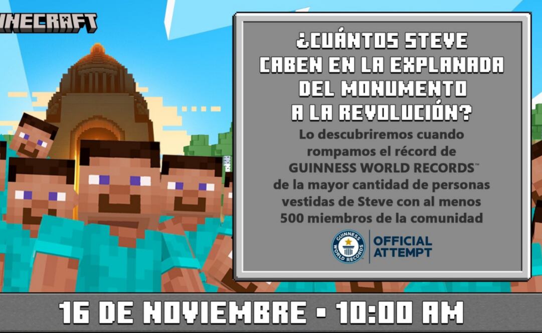 Minecraft y Xbox México organizan un evento el 16 de noviembre en el Monumento a la Revolución para romper el Récord Guinness de la mayor cantidad de personas vestidas como Steve. Foto: Xbox México