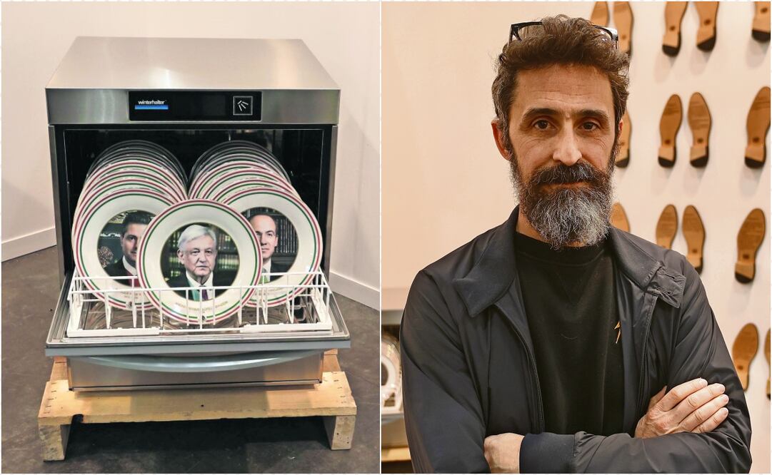 El español Eugenio Merino creó un lavavajillas con platos con rostros
de 15 presidentes del país que hay que lavar, como la corrupción, dice. Foto: Especial