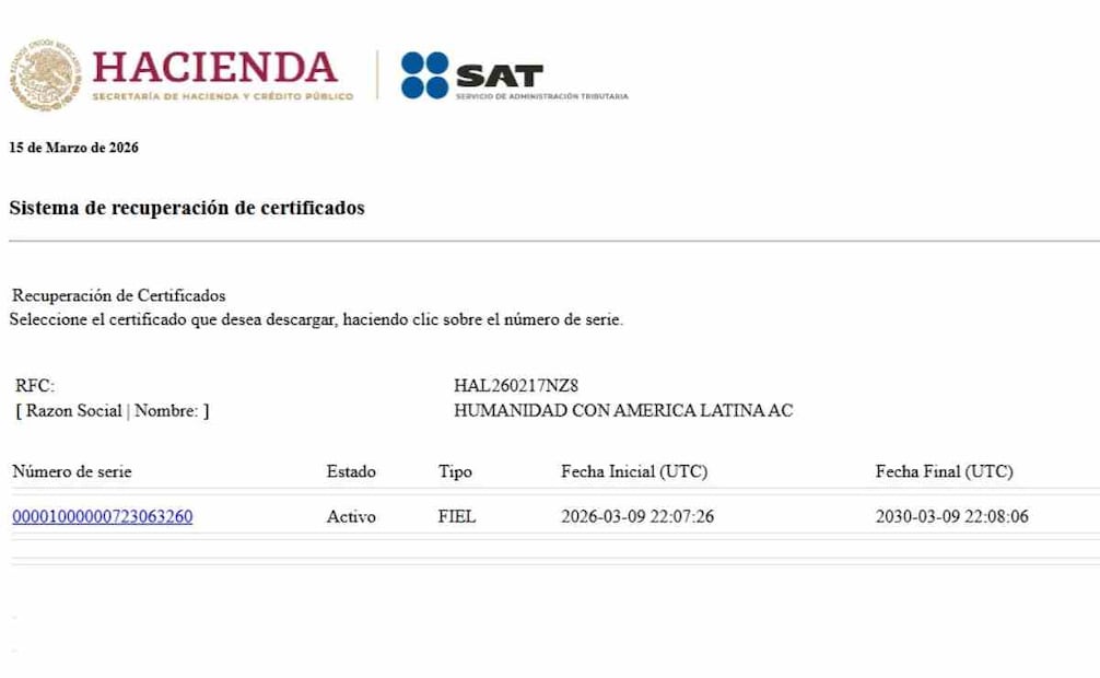 Certificado del SAT de la asociación civil Humanidad con América Latina / Foto: Especial