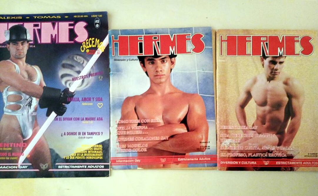 Tres portadas de la famosa revista Hermes de los años 90. En ellas se pueden leer reportajes como "Familia, amor y SIDA". Cortesía Alonso Hernández.