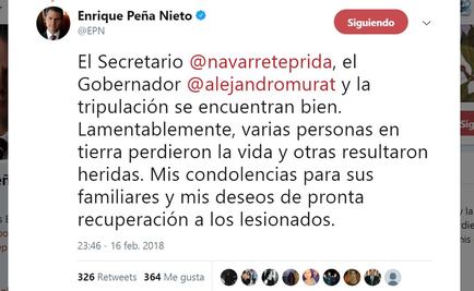 EPN expresa condolencias por accidente en helicóptero