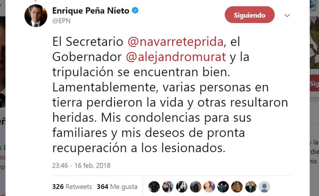 El presidente Enrique Peña Nieto deseó pronta recuperación a quienes resultaron lesionados en el accidente aéreo (TOMADA DE TWITTER)